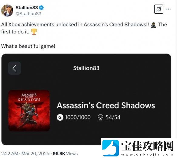 快人一步！知名玩家在刺客信条：影正式发售前达成全成就